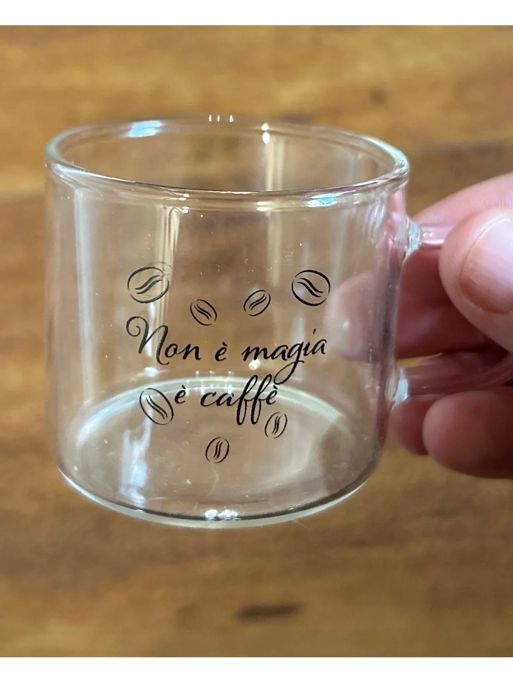 Clear Glass Espresso Coffee Cup with Italian Text